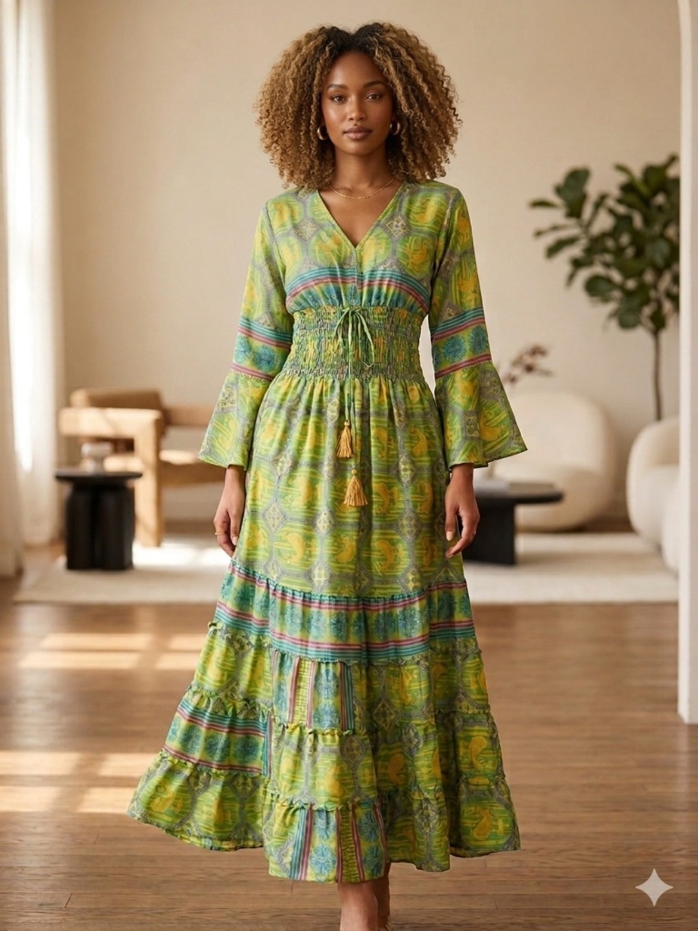 Smocked Waist Silk Boho Maxi Dress Green Yellow | Tassel Tie Bell Sleeve Festiva